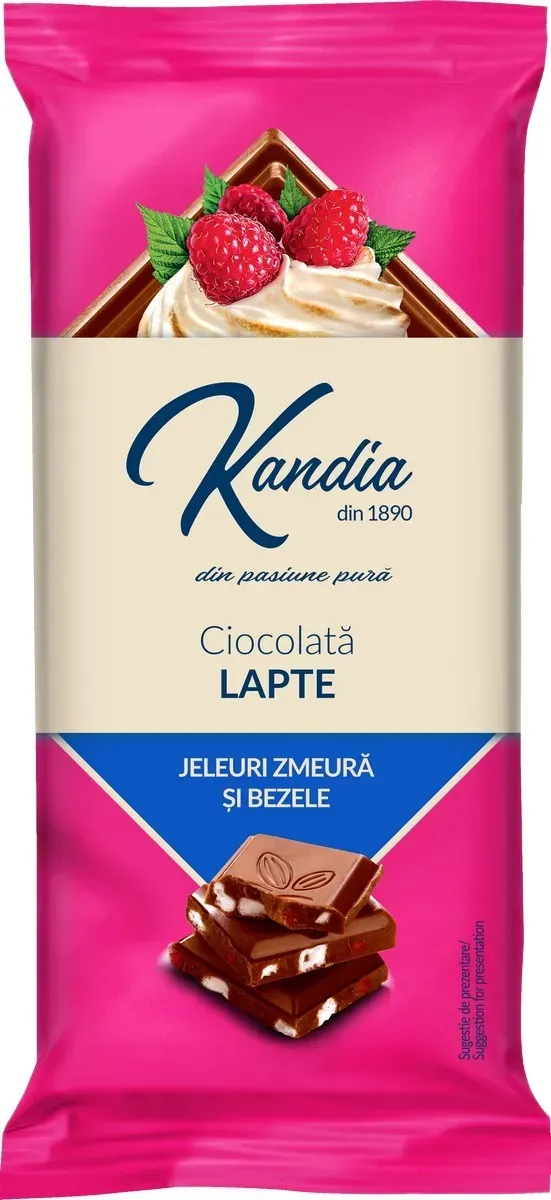 Ciocolata cu lapte, jeleu de zmeura si bezele Kandia, 80 g