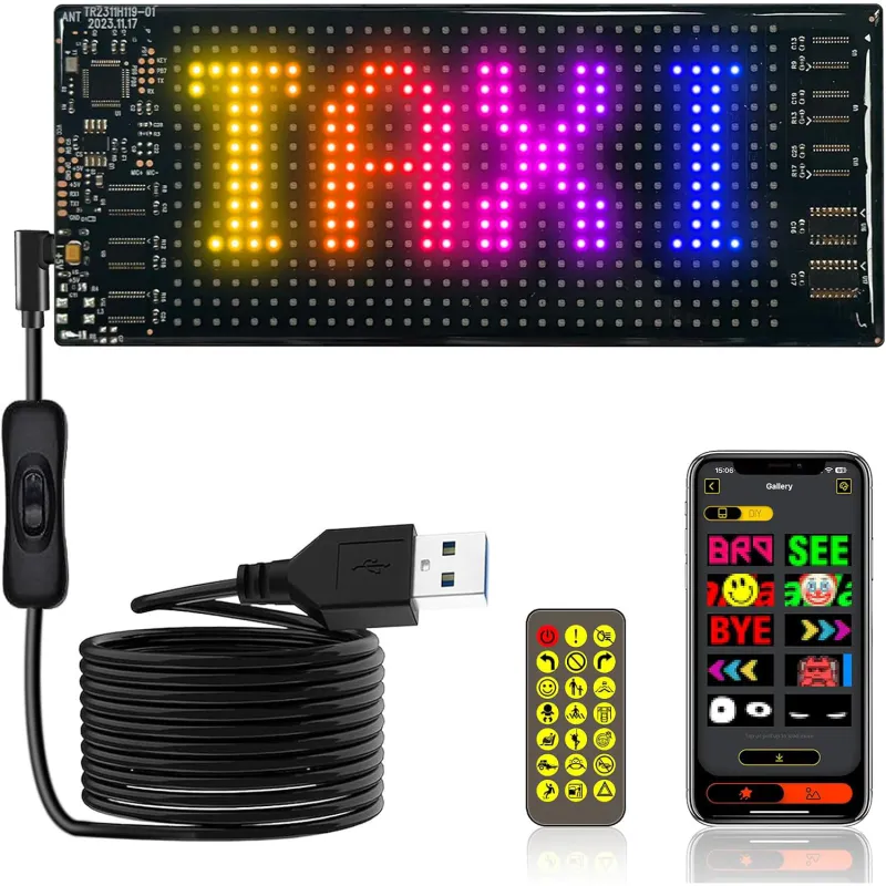 Ecran LED flexibil pentru masina, Fudisenn®, control wireless prin aplicatie mobila, proiectie multicolora, alimentat prin USB, 16x32 pixeli, 173x70mm, negru