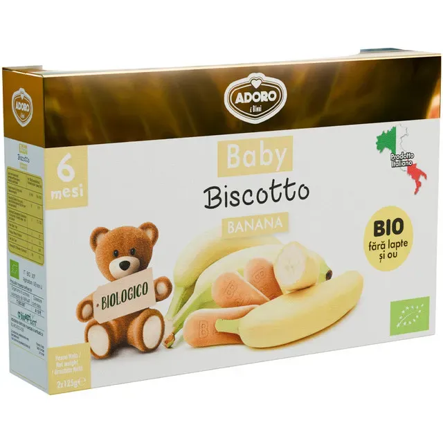 Biscuiti bio cu banane si cereale Adoro, de la 6 luni, 2 x 125 g