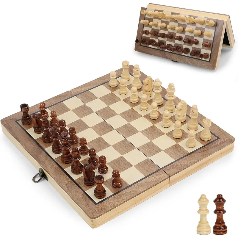 Set de Sah Din Lemn, Piduules, Solida, Pliabil, Pentru Adulti si Copii, 39×39×2.5cm, Maro/Bej