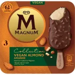 Inghetata pe bat cu vanilie, glazura de ciocolata si migdale Magnum Vegan, 3 x 100 ml