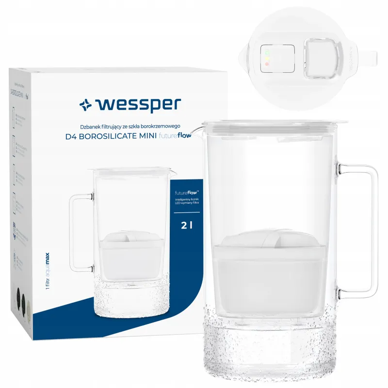 Cana filtranta Wessper D4 BOROSILICATE Mini futureflow, sticla borosilicata, 2L met LED contor, BPA Free, set met 1 filtru de apa, alb