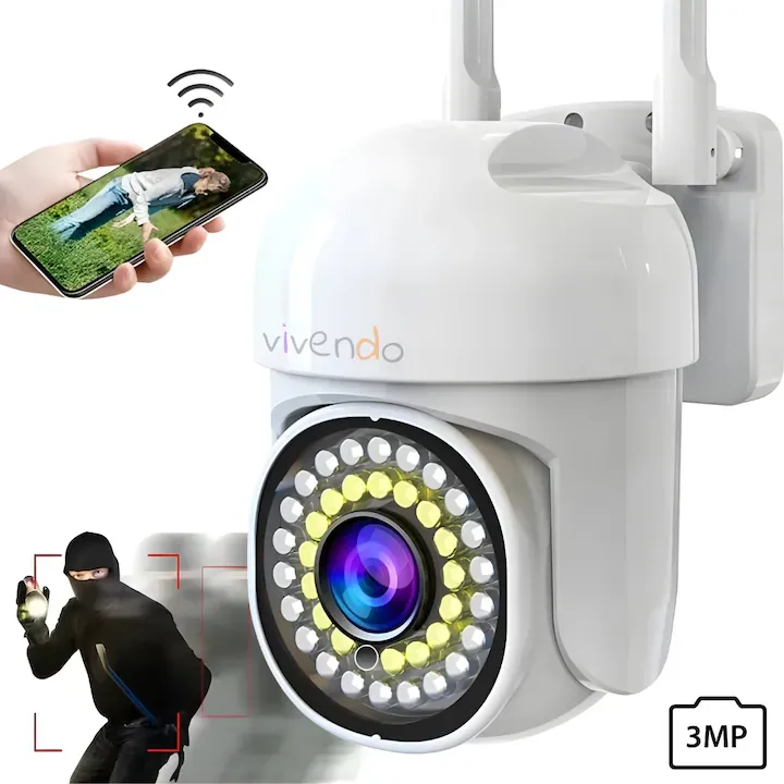 Camera de supraveghere WiFi pentru exterior Vivendo® 3 MP HD, Vedere Nocturna 10m, Audio Bidirectional, Detectie Miscare si Urmarire, Rezistenta Apa IP65, Compatibila Alexa/Google, Micro-SD/cloud