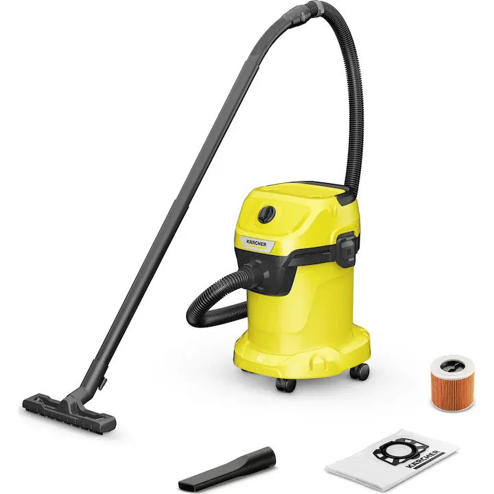 Aspirator umed-uscat Karcher WD 3 V-15/4/20, 1000 W, recipient 15 l, furtun 1,8 m, functie de suflare, filtru cartus, sac de filtrare, 1.628-104.0, Galben/Negru