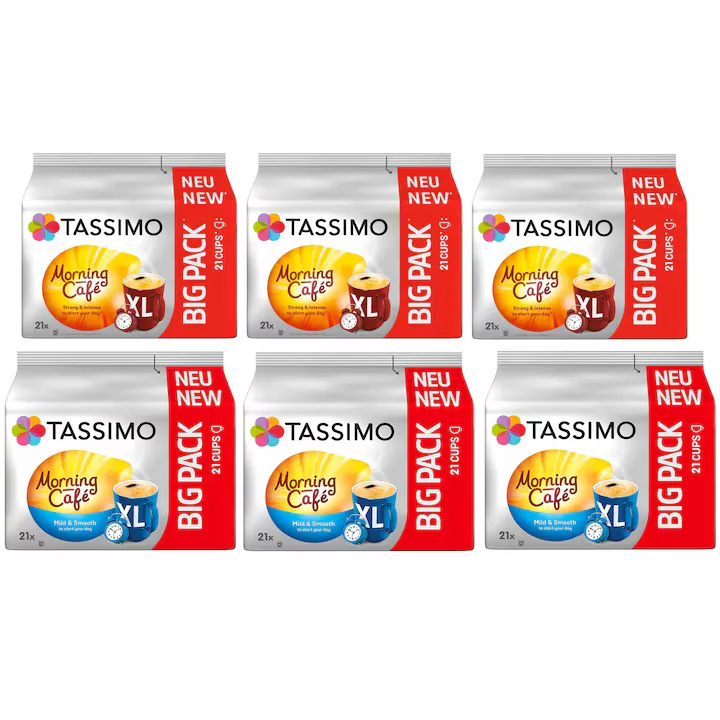 Set Capsule TASSIMO Jacobs Morning Strong & Mild, 63 capsule, aromă echilibrată, amestec Arabica și Robusta