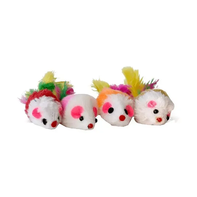 Set 4 jucarii pentru pisici Miau Miau, soricei de plus cu pene, multicolor