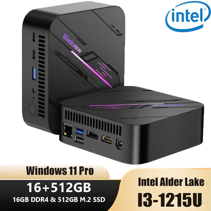 Mini PC Blackview MP100 Pro, Intel Alder Lake I3-1215U 16GB+512GB SSD, WiFi 6, Windows 11 Pro, Mini PC Gaming, Calculator Desktop Mini, 4K UHD/USB 3.2/Bluetooth 5.2/Port Type-C, Negru