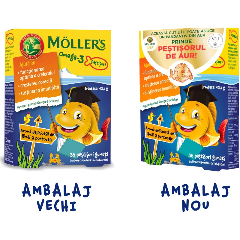 Pestisori gumati Omega 3 Moller's, cu aroma de lamaie si portocale, 36 jeleuri