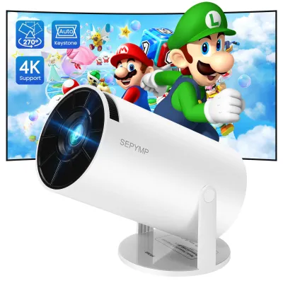 Videoproiector portabil SEPYMP, 6000 lumeni, cu Android 12, Wi-Fi 6, BT 5.0, rezolutie 1280x720p HD, suport 4K, conexiune HDMI, USB si Mirroring Android/IOS, Alb