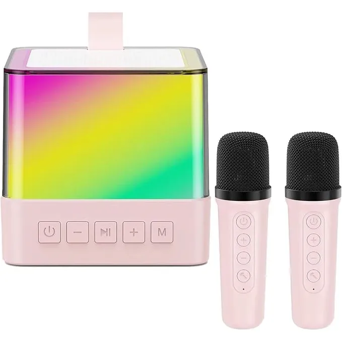 Set jucarie cu boxa portabila si 2 microfoane, Wireless, Bluetooth, VIENOD®, Karaoke, Copii si Adulti, Lumini LED RGB Dinamice, Roz