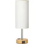 Veioza de Noptiera Elindor® Alba, 3 Moduri de Reglare a Intensitatii, Porturi de Incarcare USB-C si Priza AC, Lampa cu Baza din Lemn si Abajur din Tesatura de In, pentru Dormitor, Sufragerie, Birou, Control prin Atingere