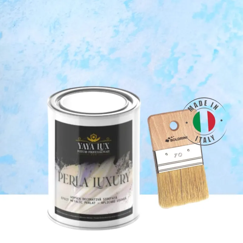 Set vopsea decorativa Perla Luxury cu Fulgi Perlati, Albastru Deschis, 1 L si Pensula 70 mm, YaYa Color
