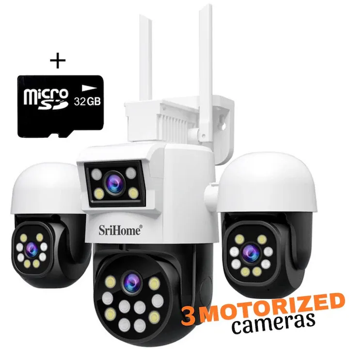 Camera Cvadrupla De Supraveghere Video WIFI CCTV SriHome™ SH069 PRO, 20 MP, 3 Camera Motorizate, 3X zoom, Rezistenta La Apa, Comunicare Bidirectionala, Senzor Miscare, Lampi Lumina, Alb
