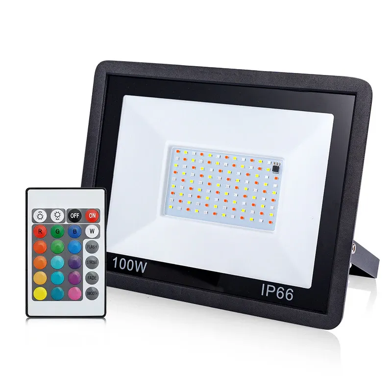 Proiector LED RGB,100 W, 10 000 LM, 7 culori, control remotes, capac umbrat cu sticla de inalta rezistenta, rezistent la apa, potrivita pentru iluminarea exterioara, cum ar fi gradinile, curtile, depozitele si garajele