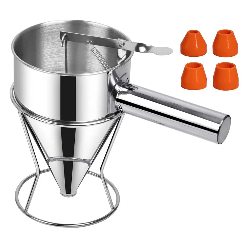 Dispensar pentru aluat, 600 ml, Palnie din otel inoxidabil, Multi-calibru dispensator de compozitie pentru tort, Distribuitor de compozitie pentru biscuiti, dispensator de tort cu suport, set pentru intins aluatul, dispenser clatite