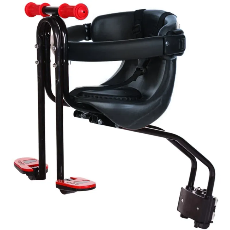 Scaun de copil pentru bicicleta cu prindere pe bara orizontala din fata, centuri de siguranta, manere cu mansoane din silicon, sarcina maxima 20 kg, suport picioare, Ideas4Comfort, negru