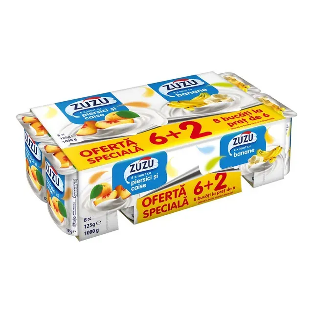 Iaurt cu fructe ZuZu, piersici, caise si banane, 8 x 125 g