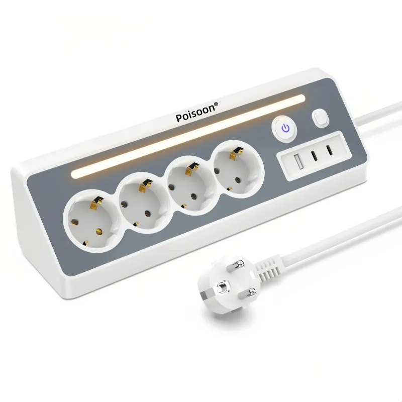 Prelungitoare 8-in-1, Poisoon®,4 prize, 1 USB-A, 2 USB-C, Buton ON/OFF,3680W/16A,220V-250V, protectie la supratensiune, protectie copii,Protectie la supracurent,Protectie la supracurent,cu LED,Lumina de veghe,1.5m,Alb/Gri