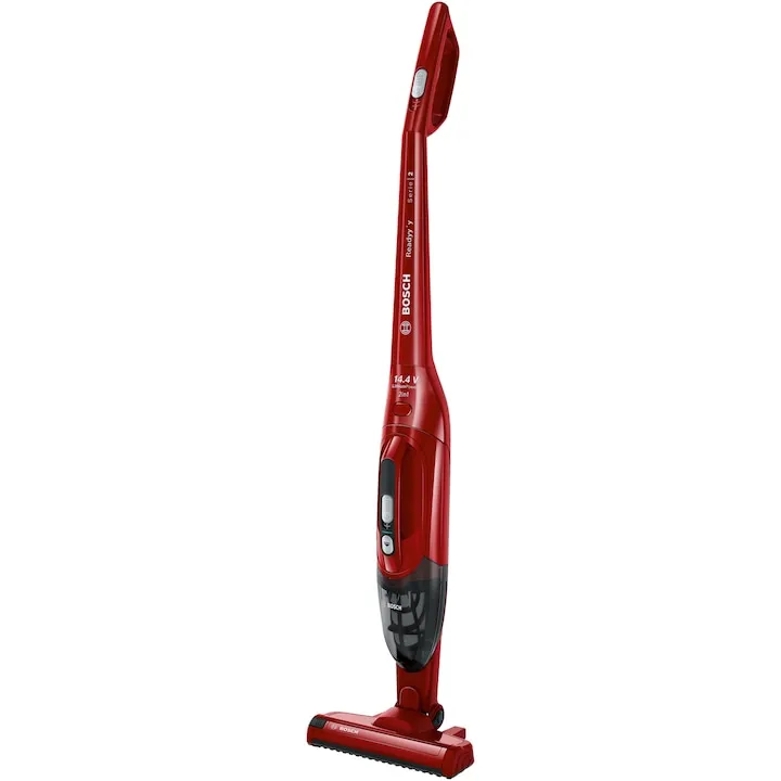 Aspirator vertical Bosch BBHF214R, 14.4 V, 2 in 1, LI-Ion, 10.55 kWh/an, 2 trepte de putere, autonomie pana la 35 min, rosu