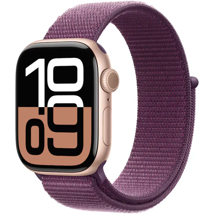 Apple Watch 10 GPS, Carcasa Rose Gold Aluminium 42mm, Plum Sport Loop