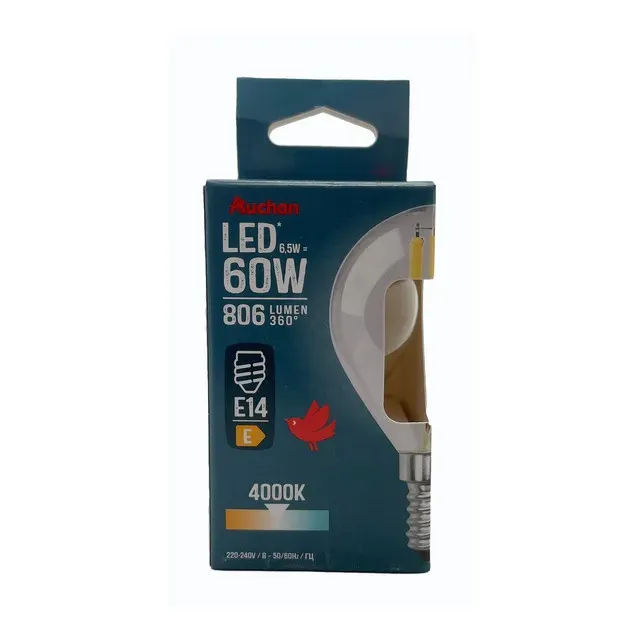 Bec LED Auchan, E14, 6.5 / 60 W, lumina rece, forma sfera