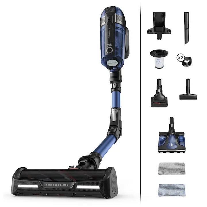 Aspirator vertical Rowenta X-Force Flex 12.60 Aqua RH98C0WO, 320 W, 0.9 l, Autonomie 45 minute, Albastru/Negru