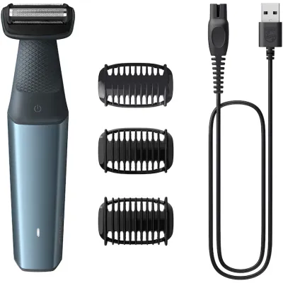 Aparat de tuns/ras corporal PHILIPS seria 3000 BG3027/05, folie protectie piele, autonomie 60 min/ timp incarcare 1 ora, functie incarcare rapida 5 minute, 2 x pieptene bidirectional (3 si 5 mm), albastru
