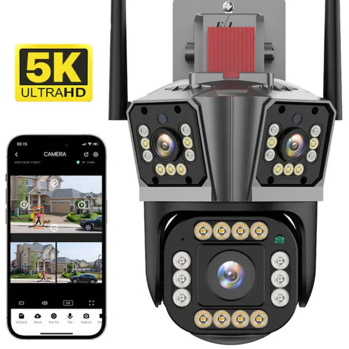 Camera de Supraveghere Tripla WIFI Visoli® P11 Pro, 12MP Rezolutie 5K, Interior/Exterior, Zoom 5X, Alarma, Comunicare Bidirectionala, Senzor Miscare, Leduri, Lumina, Rotire