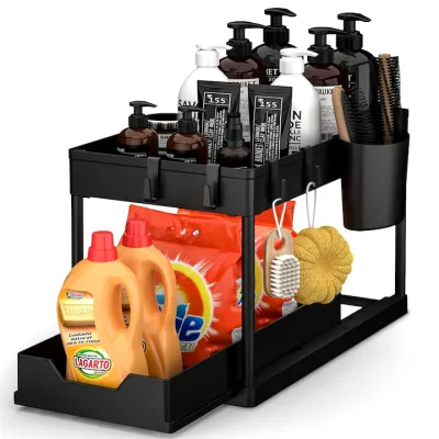 Organizator Multifunctional Elindor® pe 2 Nivele, Sertar Glisant Organizare, pe Blat sau in Dulap sub Chiuveta, 16 Carlige, Suport Plastic, pentru Bucatarie, Baie, Camara, Bar, Raft cu Sertare Depozitare Legume, Detergenti, Parfumuri, 39.5x21.6x39, Negru