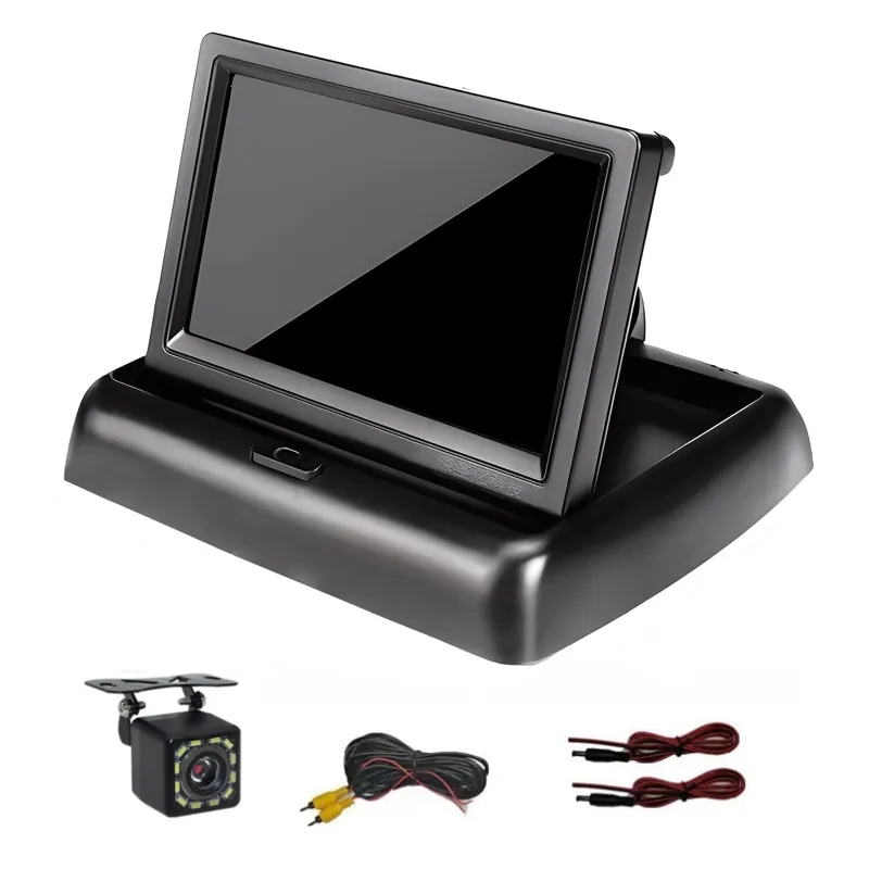 Kit camera de mers inapoi cu 12 lumini, Axroad Mall, Ecran LCD pliabil 4.3 inch, 2 intrari video, rezolutie 480 x 272, Facil de instalar, Aplicabil la Masina, Van, MPV, SUV, Plastic, Lungimea liniei 600 cm, Negru