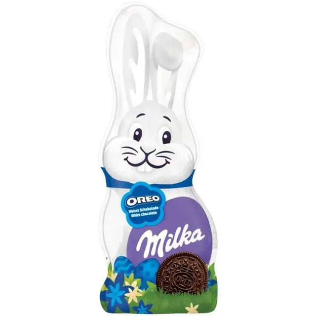 Figurina iepuras de ciocolata alba cu bucati de biscuiti cu cacao Milka Oreo, 95 g