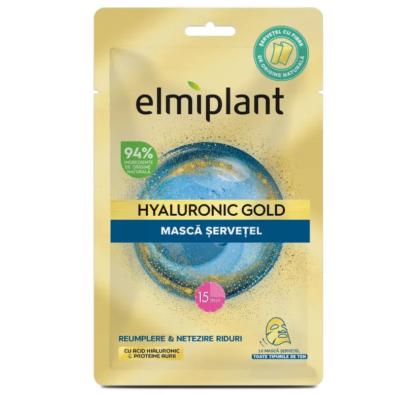 Masca servetel cu acid hialuronic si proteine aurii Elmiplant Hyaluronic Gold, 25 ml