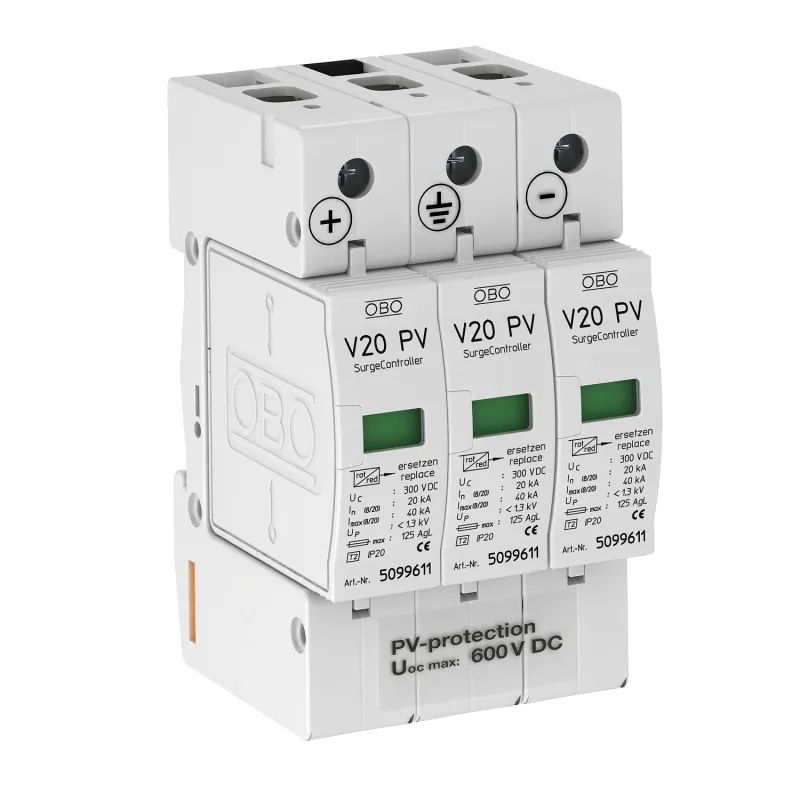 Descarcator la supratensiuni Obo 5094605 pentru instalatii fotovoltaice, V20-C, 3 poli, 20kA, 600V DC | Dedeman