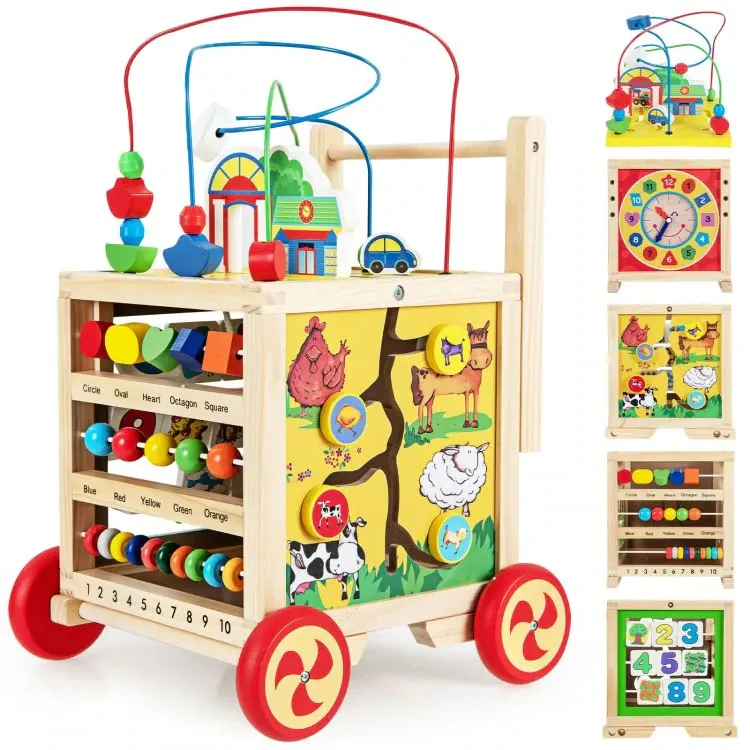 Antemergator si Cub Educational ISP WoodWalker pentru Copii, din Lemn Natural, 6 in 1, cu Multiple tipuri de joaca si roti anti-alunecare, Nontoxic, Galben/Rosu
