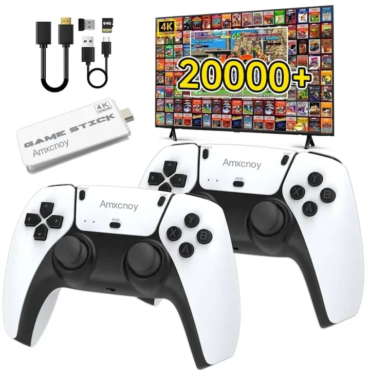 Consola de jocuri retro, consola de jocuri video Plug and Play incorporata in 20000+ jocuri, 23 de emulatoare clasice, iesire HDMI de inalta definitie 4K pentru televizor cu controlere duale, Alb