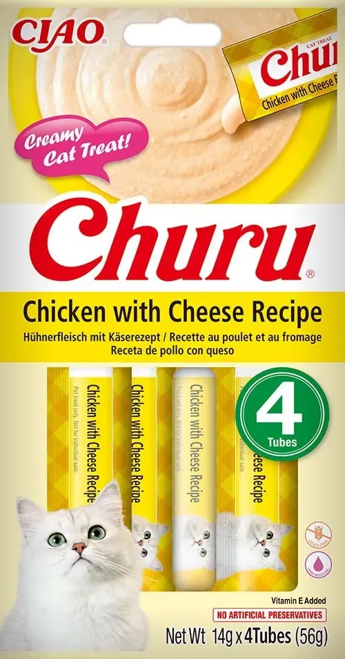 Recompense cremoase pentru pisici Inaba Churu, pui si branza, 4 x 14 g