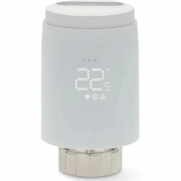 Cap termostat inteligent pentru radiator (calorifer) Nedis, Zigbee 3.0, 2x AA, LCD, Android / iOS, Alb