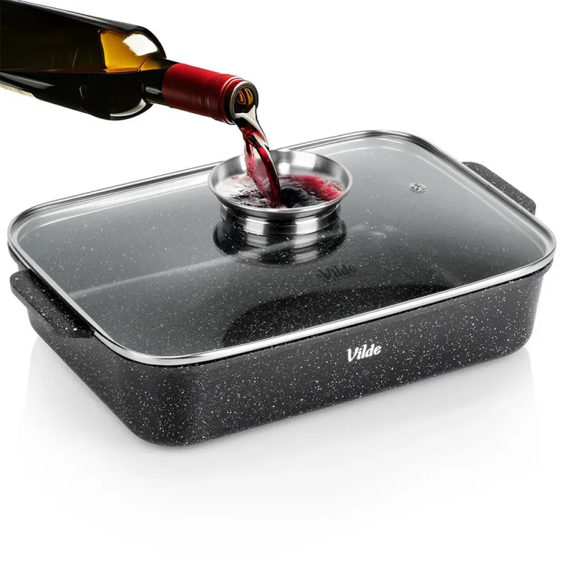 Cratita Dreptunghiulara Cu Acoperire De Granit Si Capac, Vilde, 3.5 l, 35x23 cm, Negru, Din Aluminiu Turnat, Strat Antiaderent, Capac Din Sticla Cu Picurator Pentru Lichide, Compatibila Cuptor Si Inductie, Ideala Pentru Friptura Si Inabusire