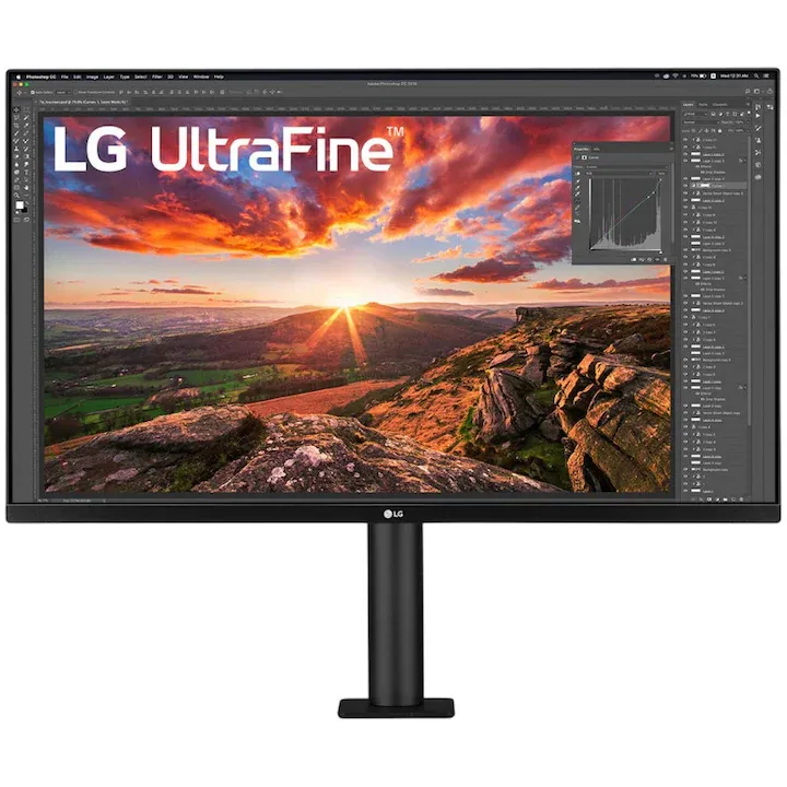 Monitor LED LG UltraFine™ Ergo 32UN880K-B, 31.5", UHD (3840x2160), 60Hz, 5ms (GtG), HDR 10, Anti-Flicker, Super Resolution+, Dynamic Action Sync, Black Stabilizer, HW Calibration Ready, difuzoare 5Wx2, Maxx Audio, USB-C 60W, HDMI, DP, USB, Pivot, Negru