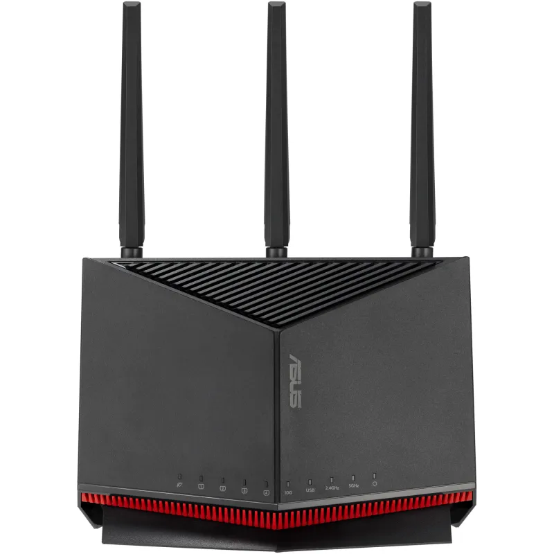 Router Gaming Wireless ASUS RT-BE86U, BE6800, Dual-Band, Quad-Core 2.6GHz CPU, 256MB/1GB Flash/RAM, 4K-QAM, MLO, 10G port, 2.5G quad-port, AiProtection Pro, Adaptive QoS, VPN Fusion, Instant Guard, IPTV, OFDMA, MU-MIMO, UTF-8 SSID, Port forwarding, AiMesh