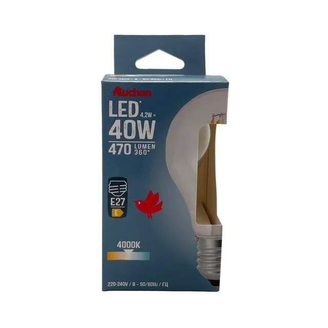 Bec LED Auchan, E27, 4.2 / 40 W, lumina rece