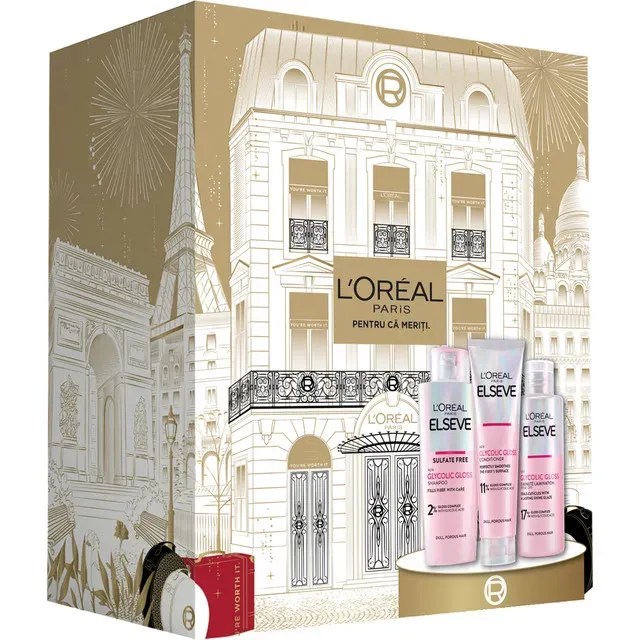 Set pentru cadou L'Oreal Paris Elseve Glycolic Gloss: sampon, 200 ml + balsam, 150 ml + tratament par, 200 ml