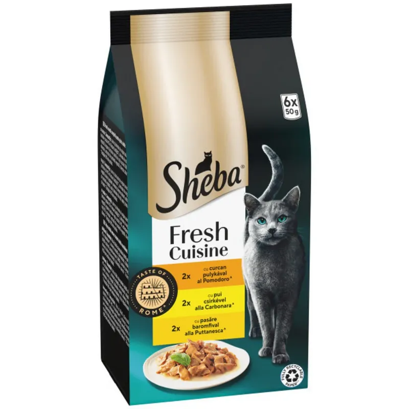 Hrana umeda pentru pisici adulte Sheba Fresh Cusine Taste of Rome, curcan, pui si pasare, 6 x 50 g