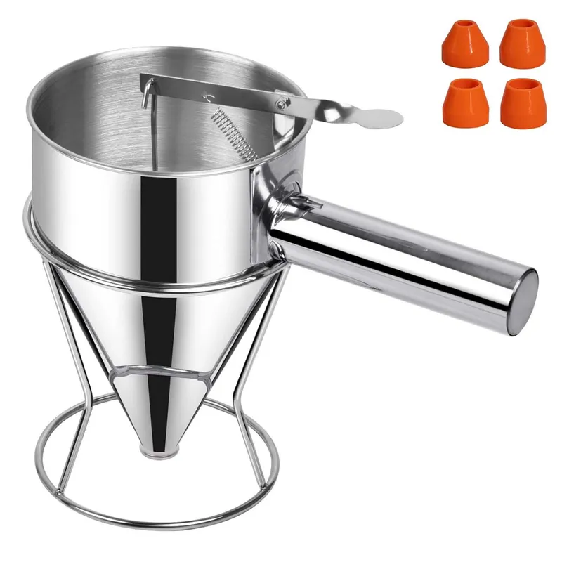 Dispensar pentru aluat, 1200 ml, Palnie din otel inoxidabil, Multi-calibru dispensator de compozitie pentru tort, Distribuitor de compozitie pentru biscuiti, dispensator de tort cu suport, set pentru intins aluatul, dispenser clatite