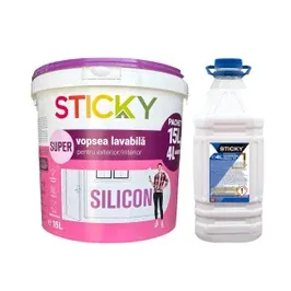 Vopsea superlavabila exterior / interior, Super Sticky cu silicon, alb, 15 L + amorsa Sticky 4 L