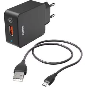 Incarcator retea HAMA 201621, 1xUSB-A, 19.5W, Quick Charge 3.0, cablu microUSB, negru