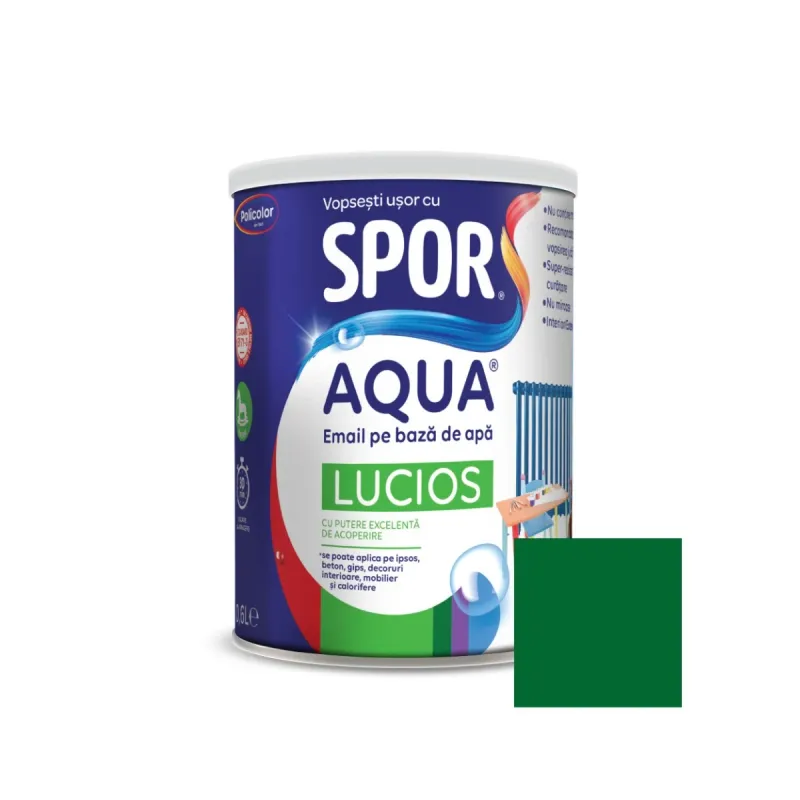 Email pentru lemn / metal, Spor Aqua lucios, interior / exterior, pe baza de apa, verde brad, 0.6 L | Dedeman