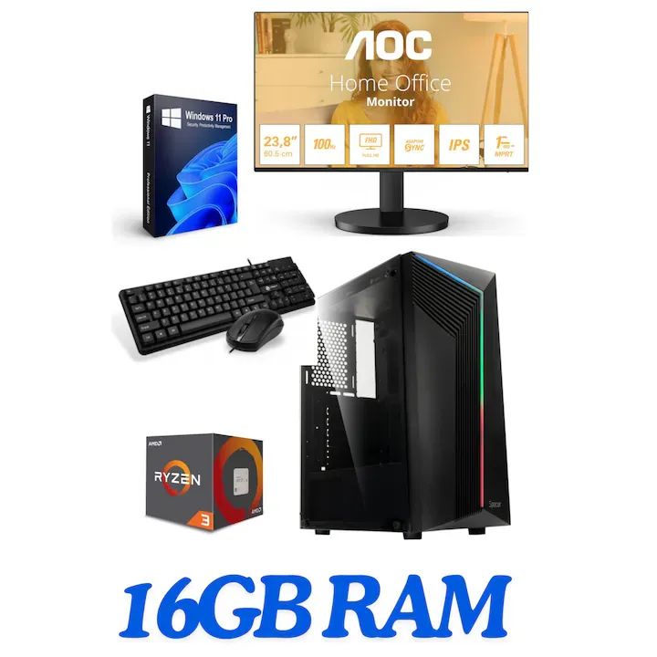 Calculator complet Office/Gaming jr Warrior Ryzen3 2200GE 3.2Ghz ram 16gb DDR4 ssd M2 240gb+ hdd 500GB video Radeon Vega 8+Monitor AOC 23.8 inchi Windows 11Pro