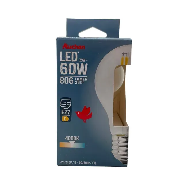 Bec LED Auchan, E27, 7.3 / 60 W, lumina rece