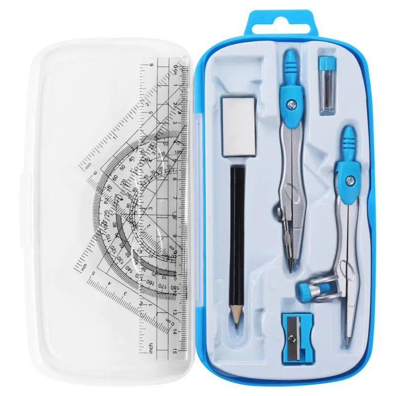 Set 10 Compas reglabil cu creion mecanic si accesorii, Plastic Flexibil, desen, enkourakoko®, Albastru